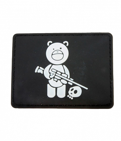 Нашивка PVC/ПВХ с велкро "Медведь с винтовкой", белый на черном, 75х55мм