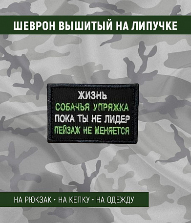 Нашивка на липучке "Жизнь Собачья Упряжка Пока Ты Не Лидер Пейзаж Не Меняется" прямоугольная